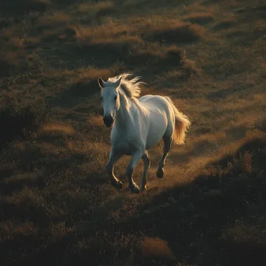 Majestic White Horse Running in Fields at Dawn