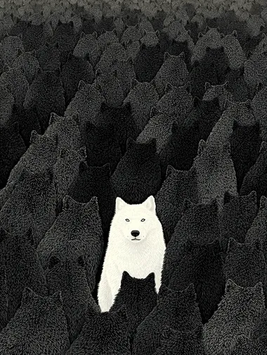 Majestic Wolves in Contrast: Overhead View of Black and White Silhouettes Majestic Wolves in Contrast: Overhead View of Black and White Silhouettes