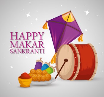 Makar sankranti greeting with kites and drum Free Vector