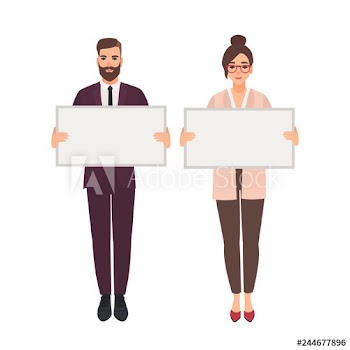Male and female managers, clerks or office workers holding clean white boards or banners