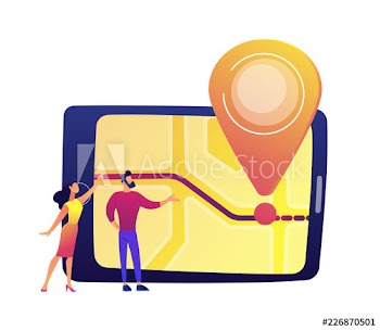 Male and female users looking at tablet screen with map and location pin vector illustration