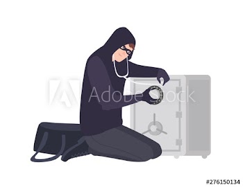 Male burglar wearing mask and hoodie using stethoscope to open safe or strongbox