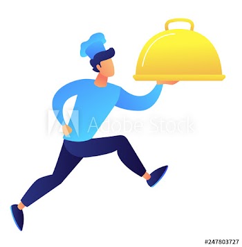 Male chef holding a tray for hot dishes and running vector illustration