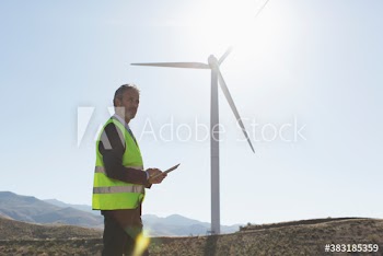 Male engineer examining wind turbines on sunny wind farm