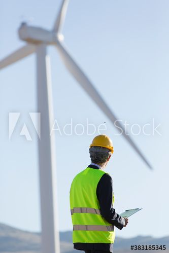 Male engineer watching wind turbine on sunny wind farm