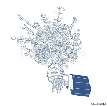 Male hand holding elegant bouquet or bunch of beautiful blooming garden flowers hand drawn with blue contour lines on white background