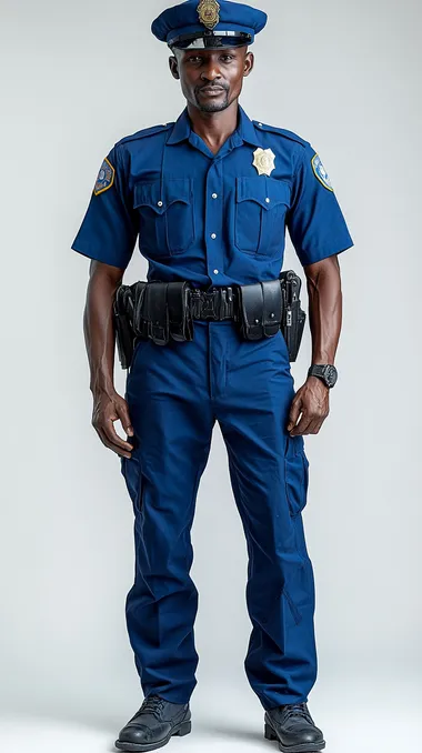 Male Kenyan police officer in uniform, full-body shot on white background Male Kenyan police officer in uniform, full-body shot on white background