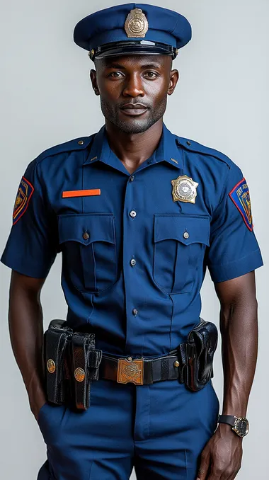 Male Kenyan police officer in uniform, full-body shot on white background Male Kenyan police officer in uniform, full-body shot on white background