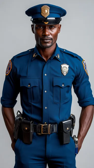 Male Kenyan police officer in uniform, full-body shot on white background Male Kenyan police officer in uniform, full-body shot on white background