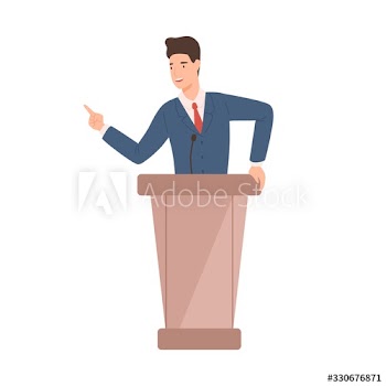 Male politician in suit standing at rostrum vector flat illustration