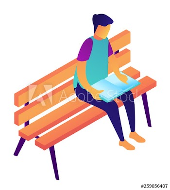 Male student reading a book sitting on a bench, tiny people isometric 3D illustration