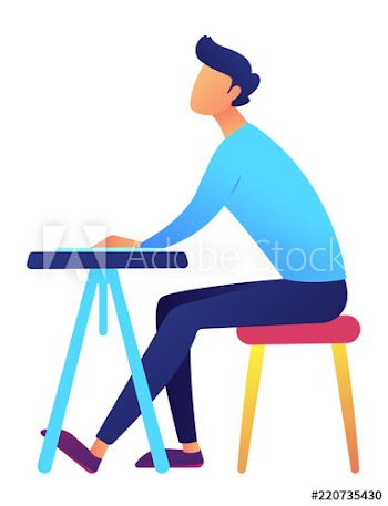 Male student sitting at desk listening vector illustration