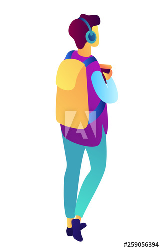 Male student walking with backpack, headphones and holding coffee isometric 3D illustration
