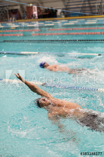 Male swimmers doing backstroke in swimming pool