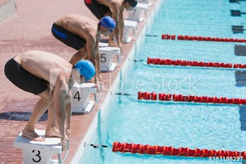 Male swimmers poised on starting blocks above sunny swimming pool