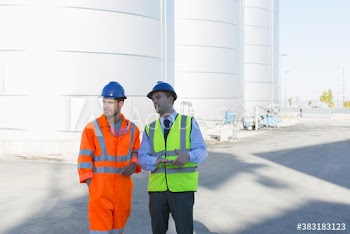 Male worker and manager talking on dairy farm