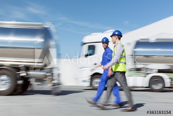 Male worker and manager walking along milk tankers