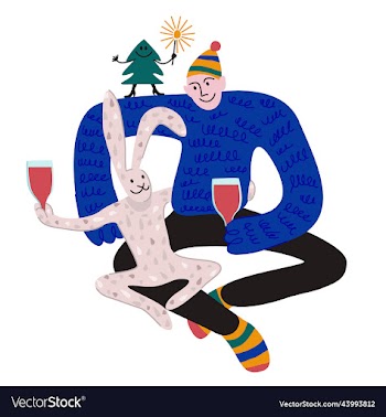man and rabbit hugging and drinking wine fir tree