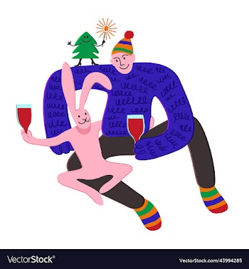 man and rabbit hugging and drinking wine fir tree