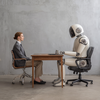 Man and Robot Engaging in Conversation at Office Desk