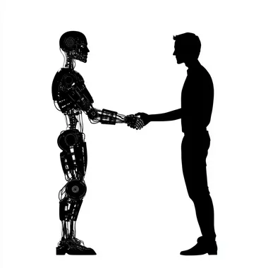 Man and Robot Shaking Hands: Black Silhouettes on White Background Man and Robot Shaking Hands: Black Silhouettes on White Background