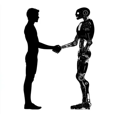Man and Robot Shaking Hands Silhouette on White Background Man and Robot Shaking Hands Silhouette on White Background