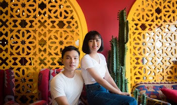 Man And Woman Sitting On Chair Beside Cactus Plant