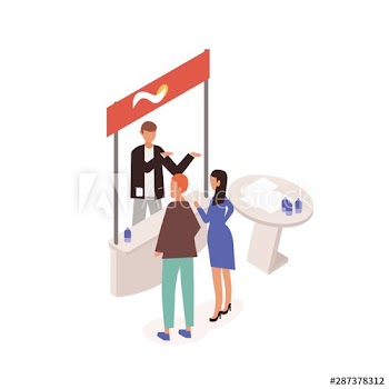 Man and woman standing in front of commercial promo stand and talking to promoter, seller or consultant