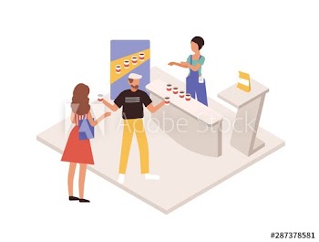 Man and woman tasting beverage or drink at commercial promotional stand
