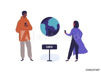 Man and woman visitors photographing Earth model use smartphone vector flat illustration