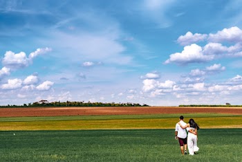 Man and Woman Walking on Green, Brown, and Red Field