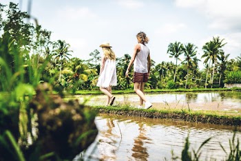 Man And Woman Walking On Pathway 