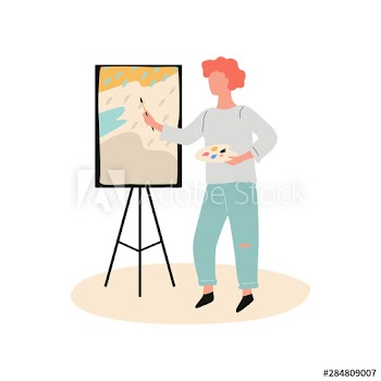 Man artist standing at the easel and painting