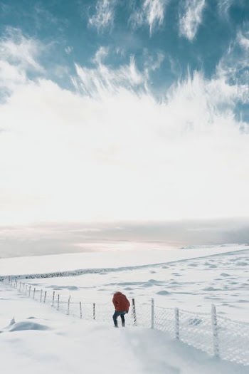 man beside white fence on snowfield
