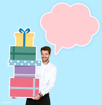 Man carrying presents and an empty speech bub.. | Free stock psd mockup - 492458