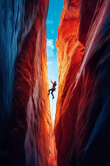 Man Climbing Slot Canyon Walls Under Dramatic Sky - Action Movie Poster