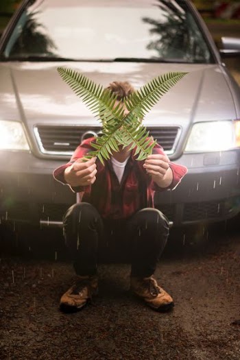 man crossing fern leaves while squatting in front of vehicle
