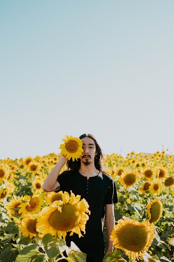 Man Holding Giant Sunflower on Bloom
