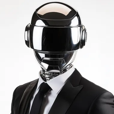 Man in a Black Suit with Shiny Chrome Robotic Helmet on White Background Man in a Black Suit with Shiny Chrome Robotic Helmet on White Background