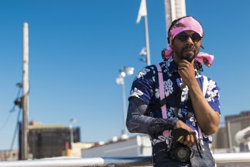Man in Blue and White Floral Dress T-shirt