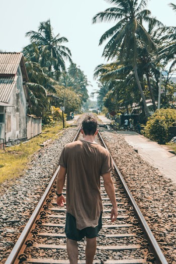 Man in Brown Shirt Standing on Train Rail Near Coconut Palms