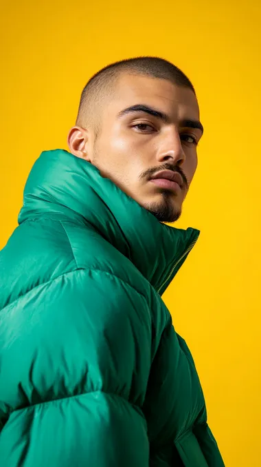 Man in Green Puffy Coat: Streetwear Fashion Portrait in Studio Man in Green Puffy Coat: Streetwear Fashion Portrait in Studio
