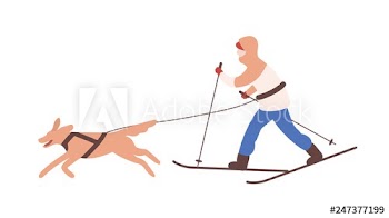 Man in snowsuit skiing with his dog on leash