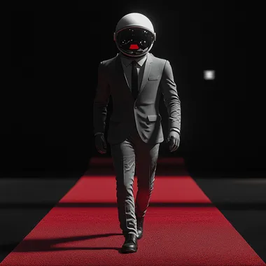 Man in Suit and Astronaut Helmet Walking Down Red Carpet in Black Room