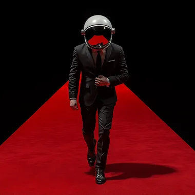 Man in suit and astronaut helmet walking on red carpet in black room