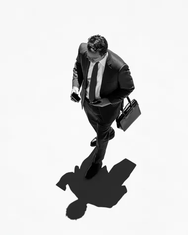 Man in Suit and Tie Walking with Phone and Briefcase in Urban Area