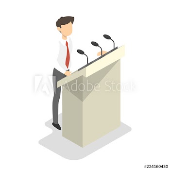 Man in suit make a speech from tribune
