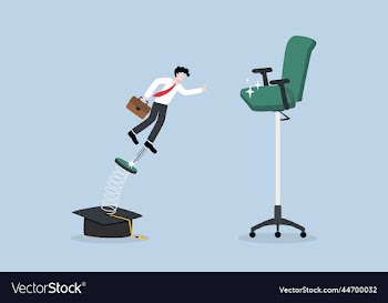 man jump from graduation cap to tall office chair