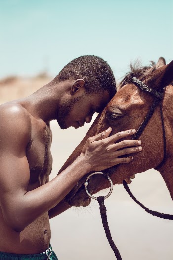 Man Leaning Head On Horse's Head