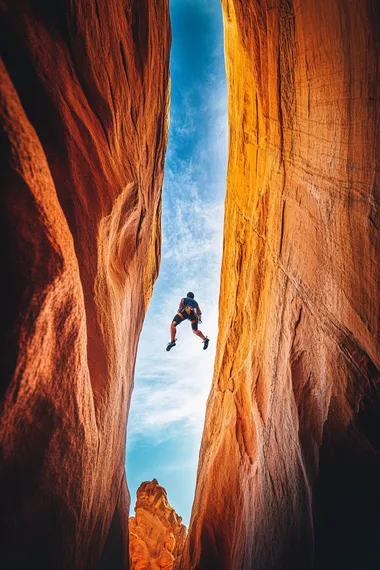 Man leaping from canyon cliff into blue sky with epic cinematic style